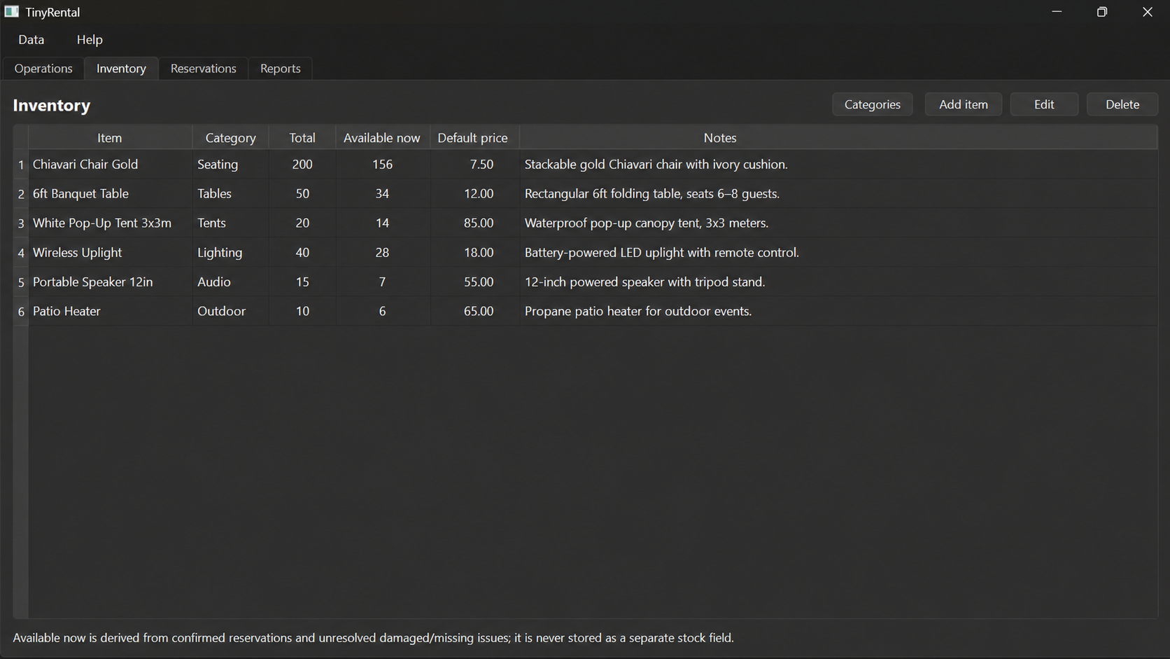 TinyRental inventory with quantities, availability and prices