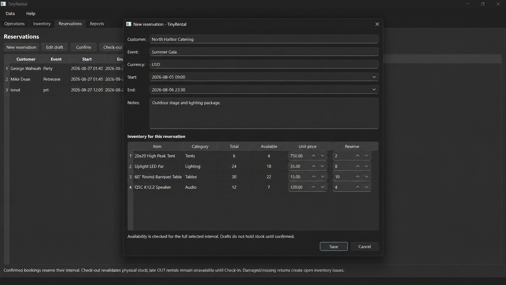 TinyRental new reservation dialog with several rental items