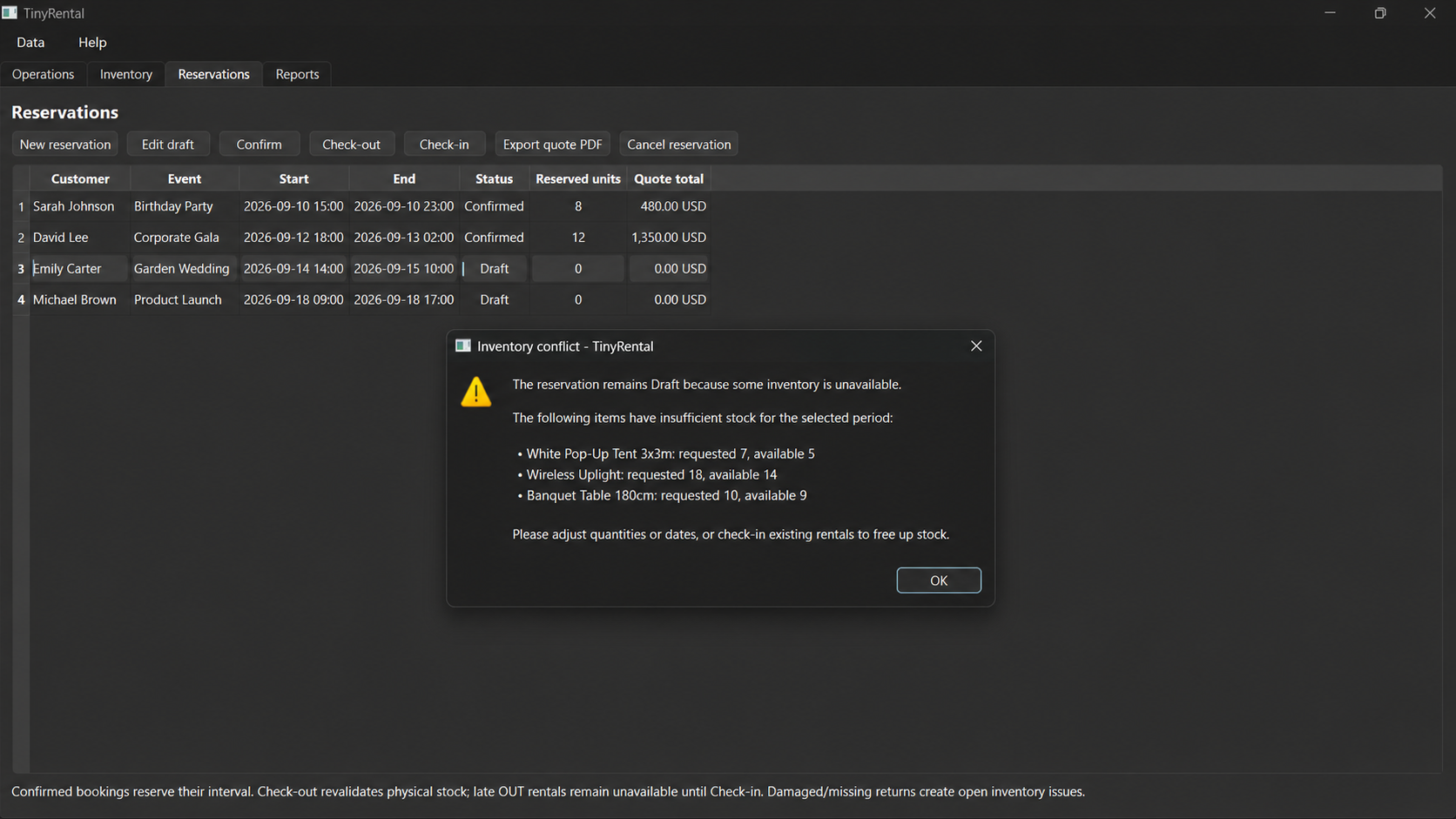 TinyRental inventory conflict warning showing unavailable quantities