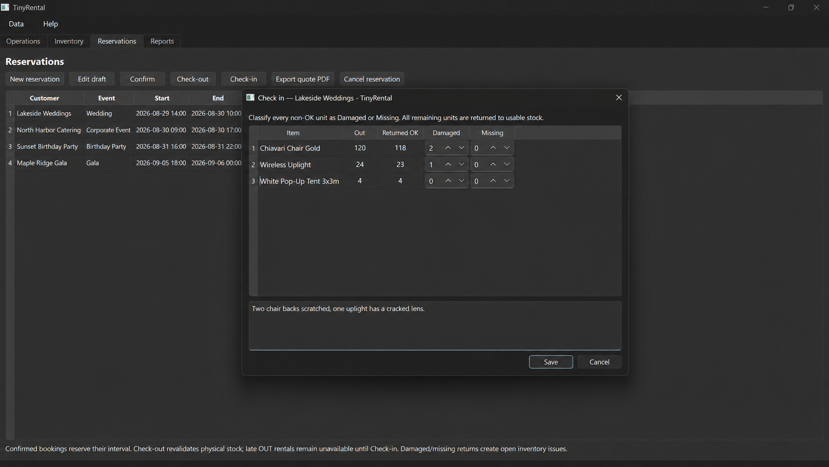 TinyRental check-in dialog tracking damaged rental items