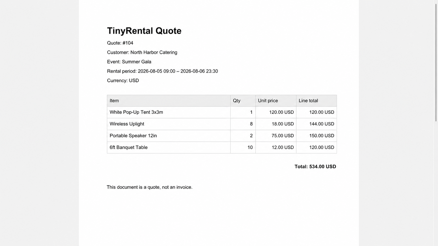 TinyRental quote PDF with multiple rental items
